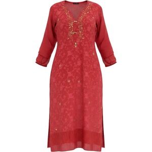 Agha Noor Red Embroidered Kurta Tunic Gold Sequin Embellished XL Womens